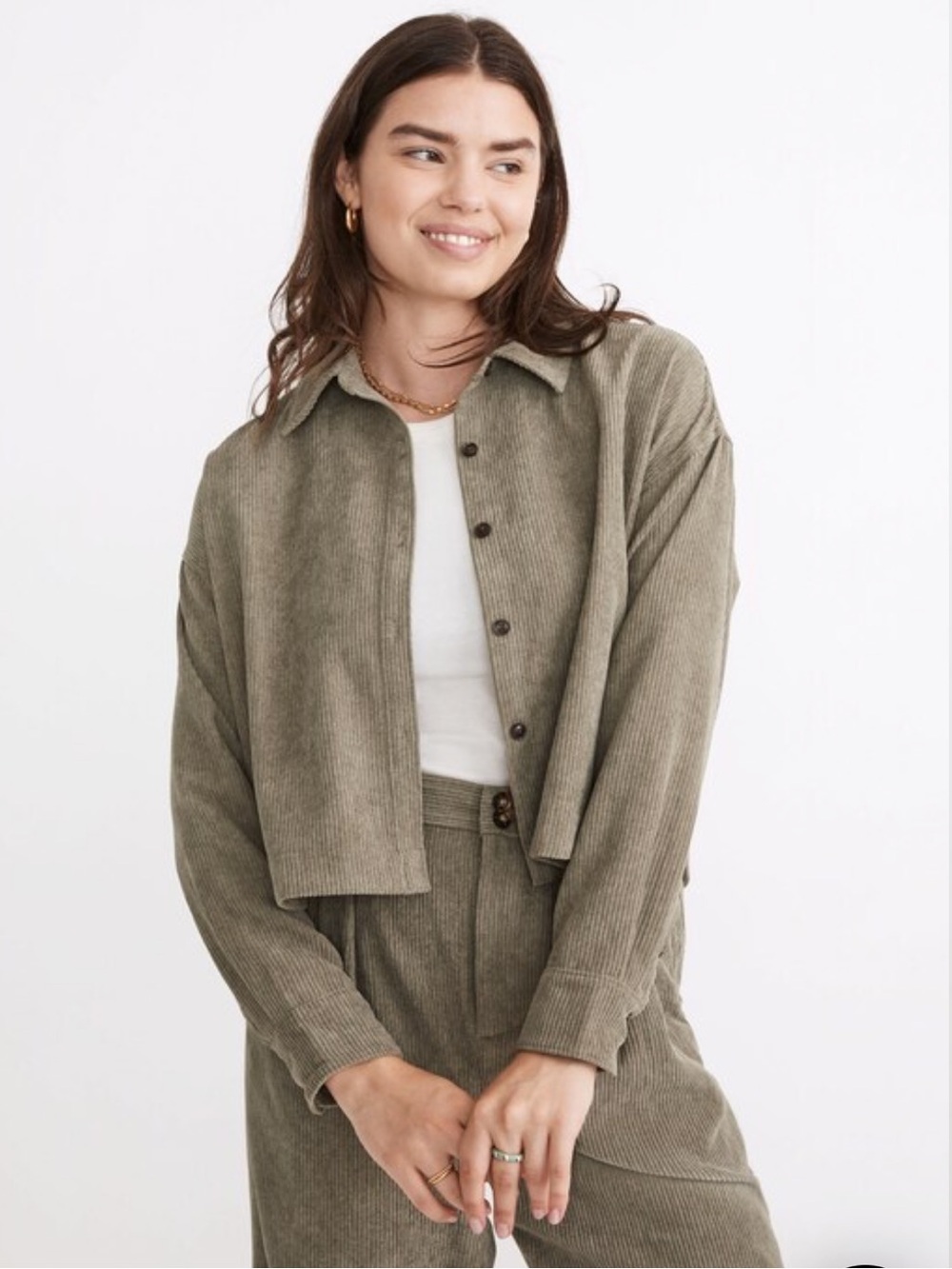 Madewell Hartfield Crop Shirt Olive Green Corduroy Button Up Size Small